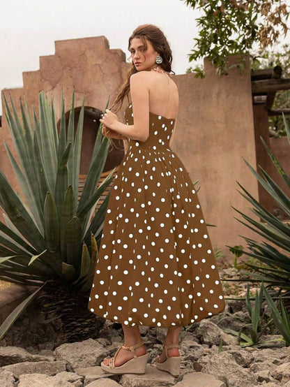 Summer Dresses For WomenElegant Retro Polka Dot Strapless Bubble Hem Midi Dress- Suitable For Wedding Guests, Parties, Beach, Summer Vacation, Outin