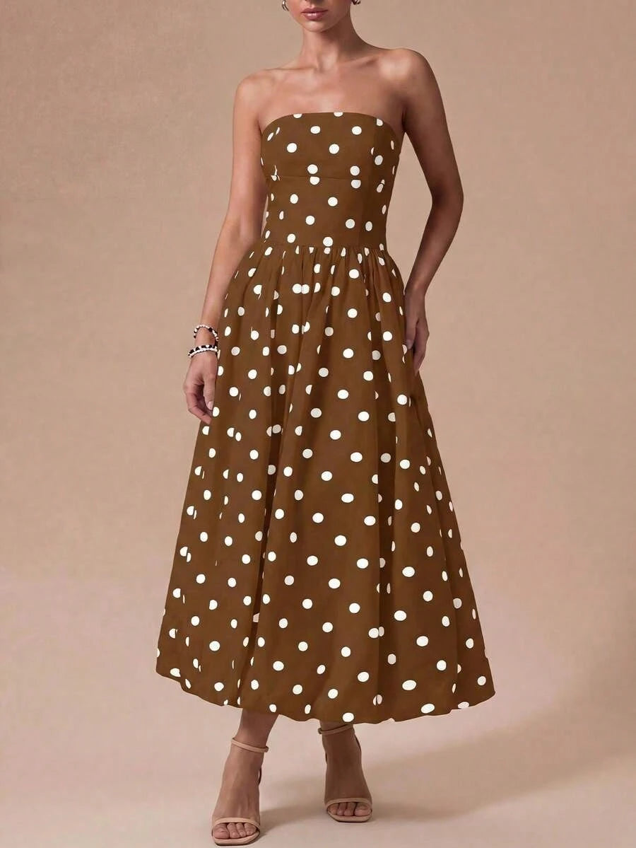 Summer Dresses For WomenElegant Retro Polka Dot Strapless Bubble Hem Midi Dress- Suitable For Wedding Guests, Parties, Beach, Summer Vacation, Outin