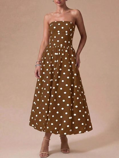 Summer Dresses For WomenElegant Retro Polka Dot Strapless Bubble Hem Midi Dress- Suitable For Wedding Guests, Parties, Beach, Summer Vacation, Outin