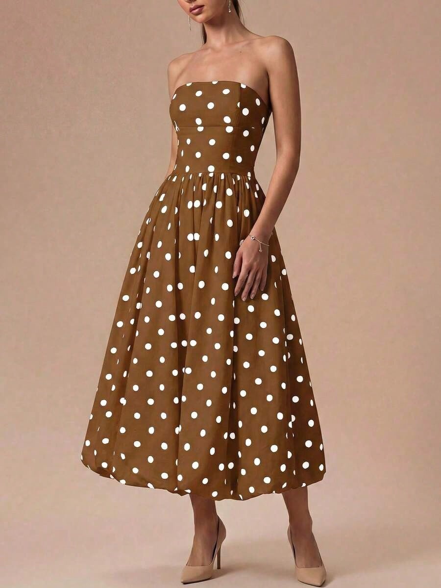 Summer Dresses For WomenElegant Retro Polka Dot Strapless Bubble Hem Midi Dress- Suitable For Wedding Guests, Parties, Beach, Summer Vacation, Outin