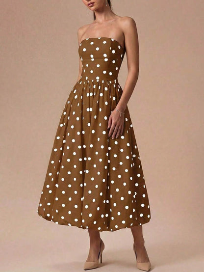 Summer Dresses For WomenElegant Retro Polka Dot Strapless Bubble Hem Midi Dress- Suitable For Wedding Guests, Parties, Beach, Summer Vacation, Outin