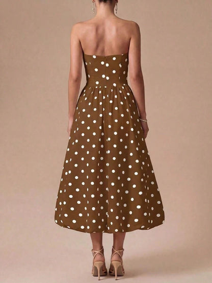 Summer Dresses For WomenElegant Retro Polka Dot Strapless Bubble Hem Midi Dress- Suitable For Wedding Guests, Parties, Beach, Summer Vacation, Outin