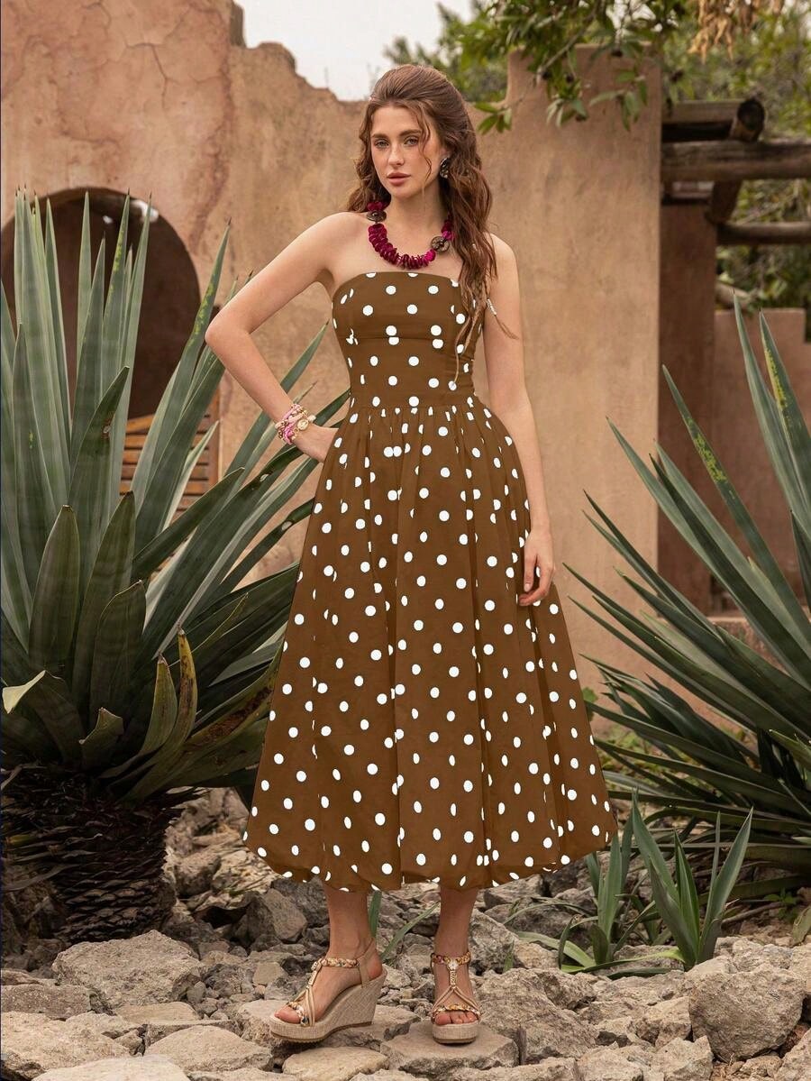 Summer Dresses For WomenElegant Retro Polka Dot Strapless Bubble Hem Midi Dress- Suitable For Wedding Guests, Parties, Beach, Summer Vacation, Outin