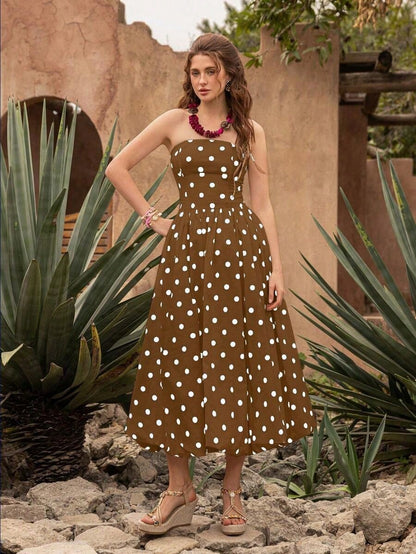 Summer Dresses For WomenElegant Retro Polka Dot Strapless Bubble Hem Midi Dress- Suitable For Wedding Guests, Parties, Beach, Summer Vacation, Outin