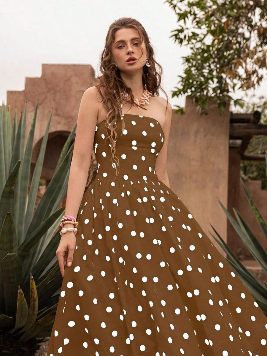 Summer Dresses For WomenElegant Retro Polka Dot Strapless Bubble Hem Midi Dress- Suitable For Wedding Guests, Parties, Beach, Summer Vacation, Outin