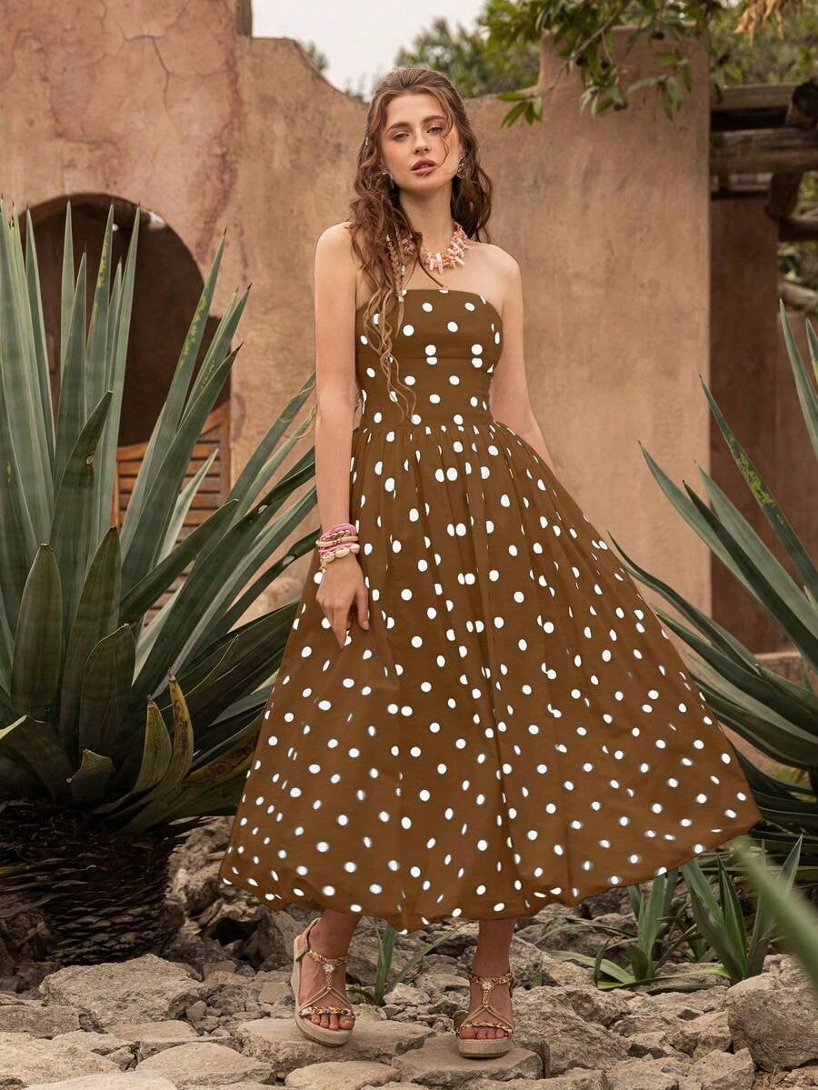 Summer Dresses For WomenElegant Retro Polka Dot Strapless Bubble Hem Midi Dress- Suitable For Wedding Guests, Parties, Beach, Summer Vacation, Outin