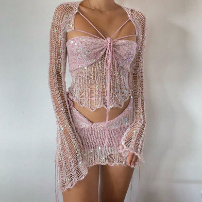 Summer Dresses For WomenMint Green Sequin Crochet 3 Piece Outfit, Crisscross Halter Cutout Crop Top, Sheer Flare Long Sleeve Cover Updresses For Women