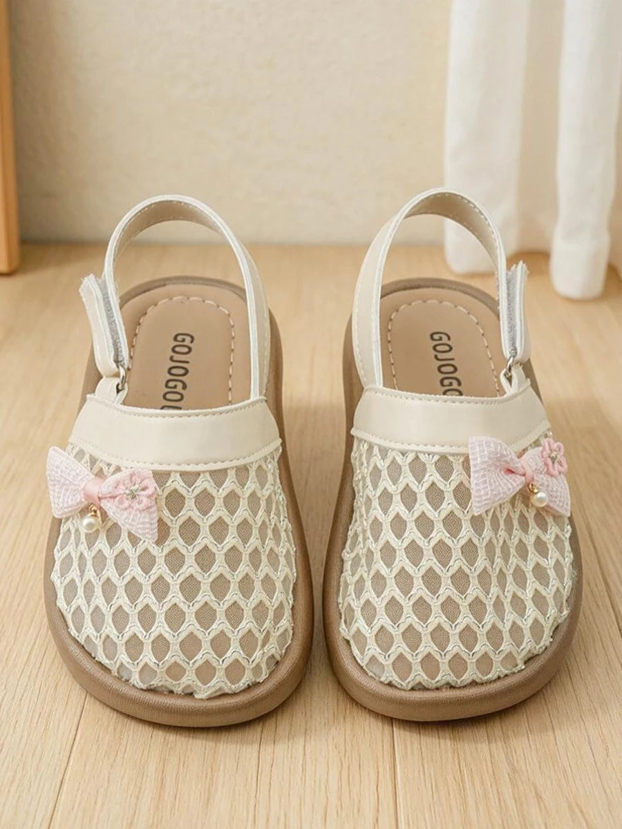 Summer New 3-12 Years Old Beige Mesh Flat Shoes. Pink Bow Closed-Toe Sandals. Breathable Slippers. Sweet Sandals| Diamond Hollow Mesh Breathable And Non-Sweating, Loose Square-Round Toe Not Squeez