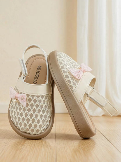 Summer New 3-12 Years Old Beige Mesh Flat Shoes. Pink Bow Closed-Toe Sandals. Breathable Slippers. Sweet Sandals| Diamond Hollow Mesh Breathable And Non-Sweating, Loose Square-Round Toe Not Squeez