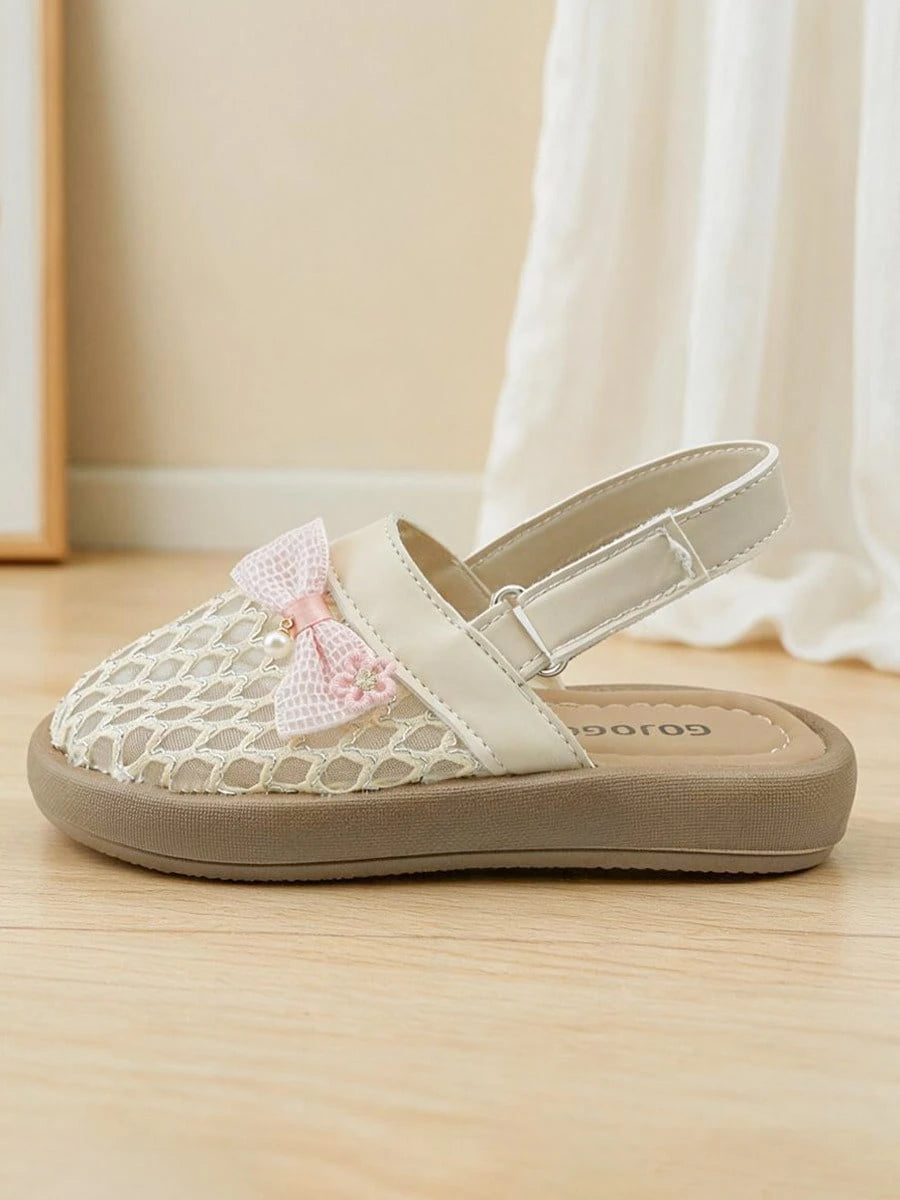 Summer New 3-12 Years Old Beige Mesh Flat Shoes. Pink Bow Closed-Toe Sandals. Breathable Slippers. Sweet Sandals| Diamond Hollow Mesh Breathable And Non-Sweating, Loose Square-Round Toe Not Squeez