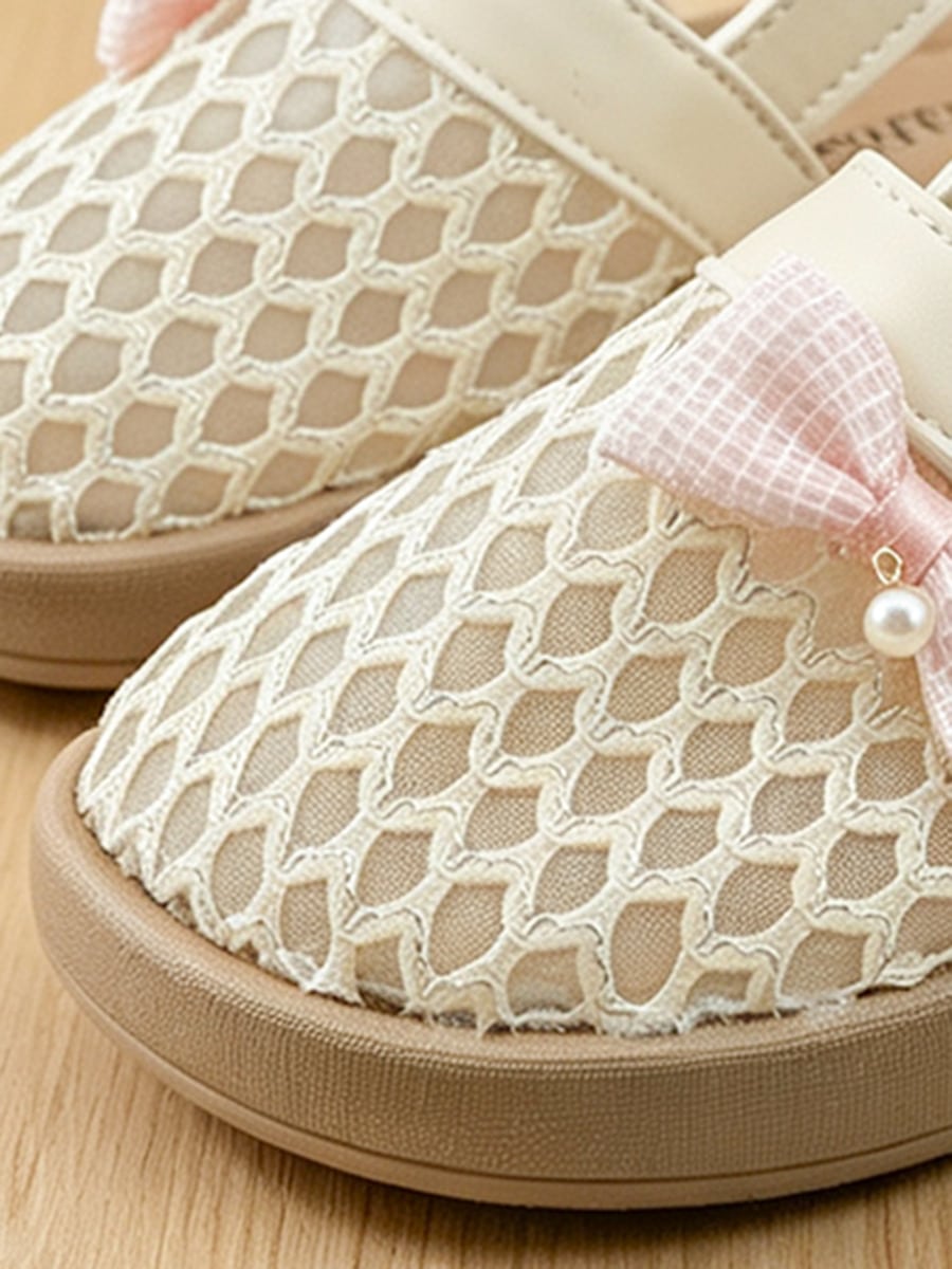 Summer New 3-12 Years Old Beige Mesh Flat Shoes. Pink Bow Closed-Toe Sandals. Breathable Slippers. Sweet Sandals| Diamond Hollow Mesh Breathable And Non-Sweating, Loose Square-Round Toe Not Squeez