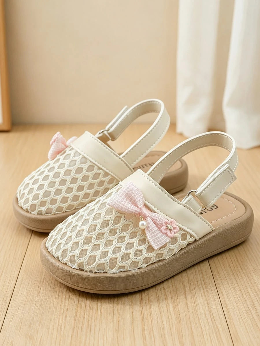 Summer New 3-12 Years Old Beige Mesh Flat Shoes. Pink Bow Closed-Toe Sandals. Breathable Slippers. Sweet Sandals| Diamond Hollow Mesh Breathable And Non-Sweating, Loose Square-Round Toe Not Squeez