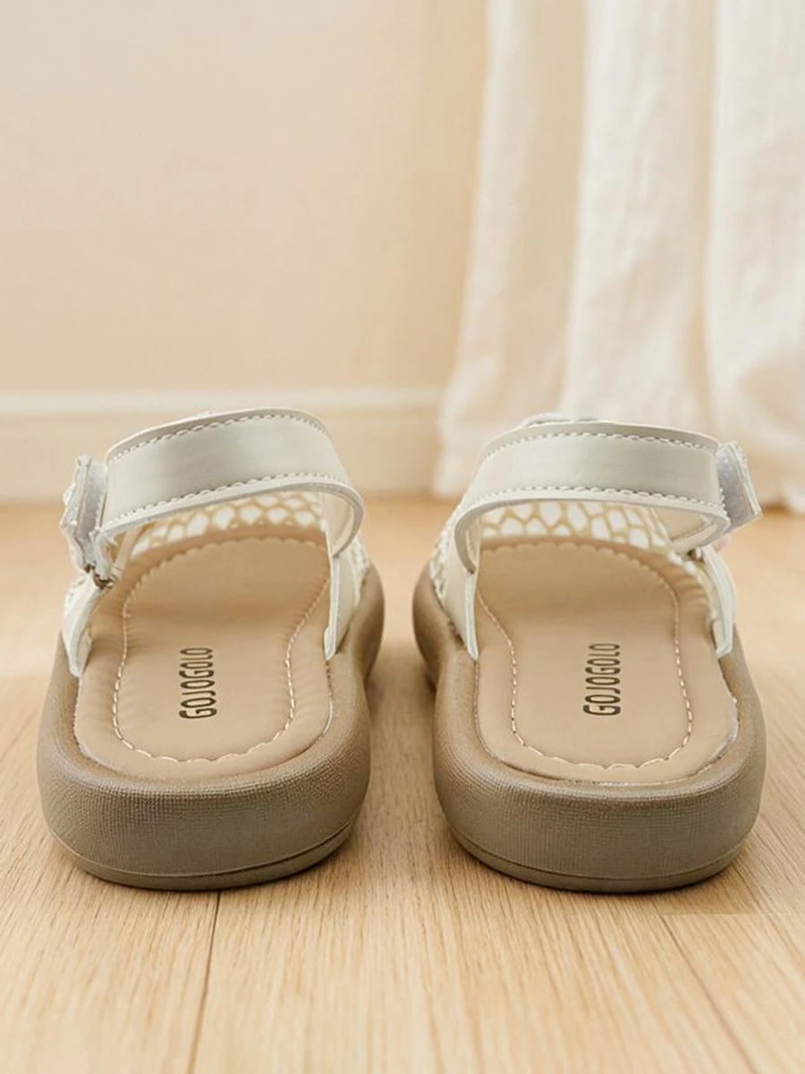 Summer New 3-12 Years Old Beige Mesh Flat Shoes. Pink Bow Closed-Toe Sandals. Breathable Slippers. Sweet Sandals| Diamond Hollow Mesh Breathable And Non-Sweating, Loose Square-Round Toe Not Squeez