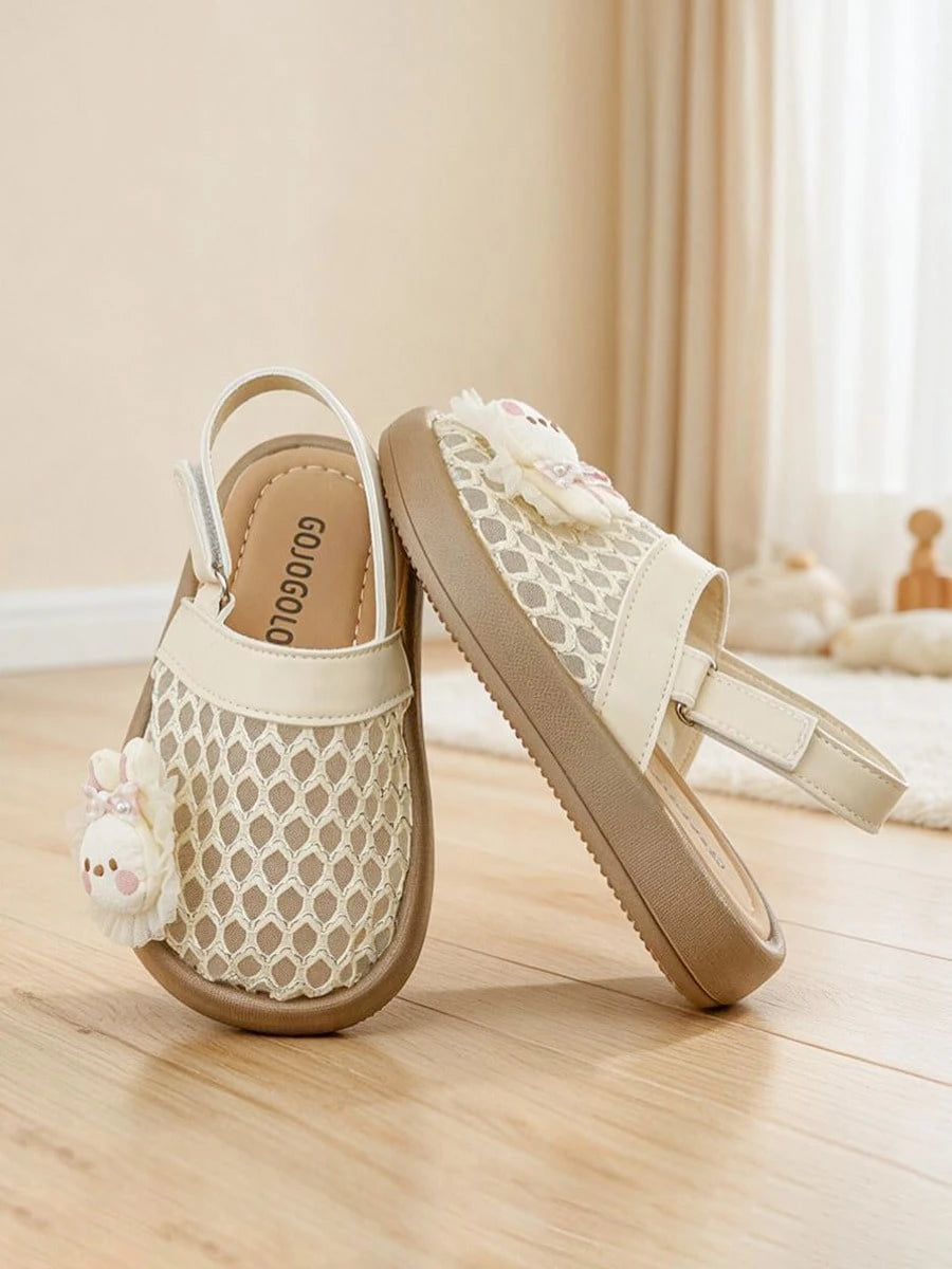 Summer New 3-12 Years Old Beige Mesh Flat Shoes. Pink Bow Closed-Toe Sandals. Breathable Slippers. Sweet Sandals| Diamond Hollow Mesh Breathable And Non-Sweating, Loose Square-Round Toe Not Squeez