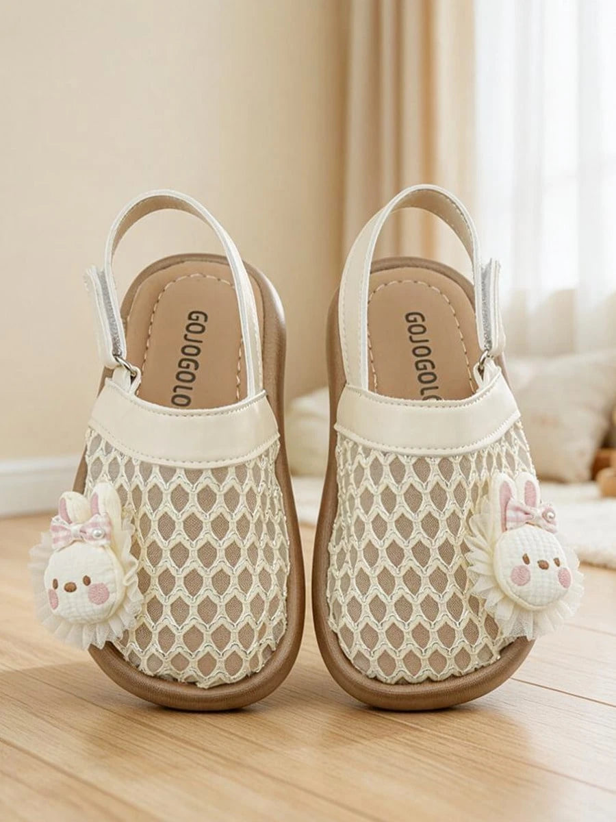 Summer New 3-12 Years Old Beige Mesh Flat Shoes. Pink Bow Closed-Toe Sandals. Breathable Slippers. Sweet Sandals| Diamond Hollow Mesh Breathable And Non-Sweating, Loose Square-Round Toe Not Squeez