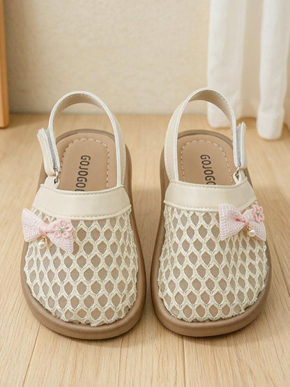 Summer New 3-12 Years Old Beige Mesh Flat Shoes. Pink Bow Closed-Toe Sandals. Breathable Slippers. Sweet Sandals| Diamond Hollow Mesh Breathable And Non-Sweating, Loose Square-Round Toe Not Squeez