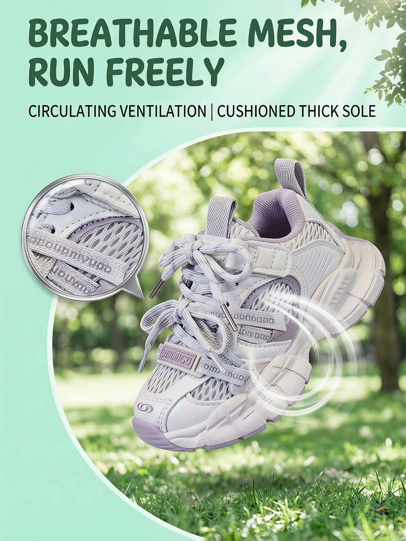 Summer New Taro Purple Girls' Mesh Chunky Sneakers, Breathable Lightweight Children's Sports Shoes, Soft Sole Anti-Slip Baby Functional Shoes, Versatile Colorblock Casual Running Shoes, Hook And Loop