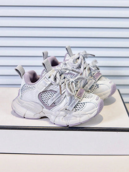 Summer New Taro Purple Girls' Mesh Chunky Sneakers, Breathable Lightweight Children's Sports Shoes, Soft Sole Anti-Slip Baby Functional Shoes, Versatile Colorblock Casual Running Shoes, Hook And Loop