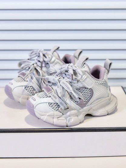 Summer New Taro Purple Girls' Mesh Chunky Sneakers, Breathable Lightweight Children's Sports Shoes, Soft Sole Anti-Slip Baby Functional Shoes, Versatile Colorblock Casual Running Shoes, Hook And Loop
