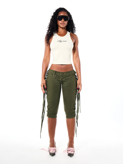 SUMWON Lucky Girl Script Print Ribbed Knit Sleeveless Crop Tank Top With Scoop Neck Summer Festival Night Out Y2K Style
