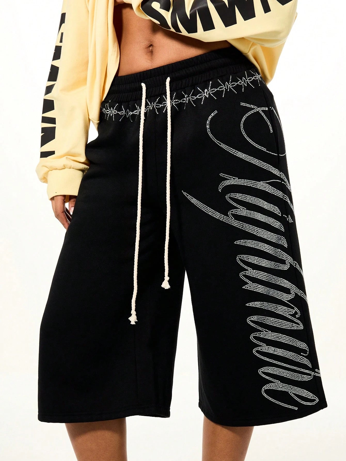 SUMWON WOMEN Rhinestone Script Drawstring Bermuda Length Wide Leg Casual Shorts With Embellished Waistband Detail
