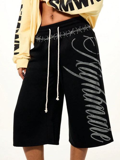 SUMWON WOMEN Rhinestone Script Drawstring Bermuda Length Wide Leg Casual Shorts With Embellished Waistband Detail
