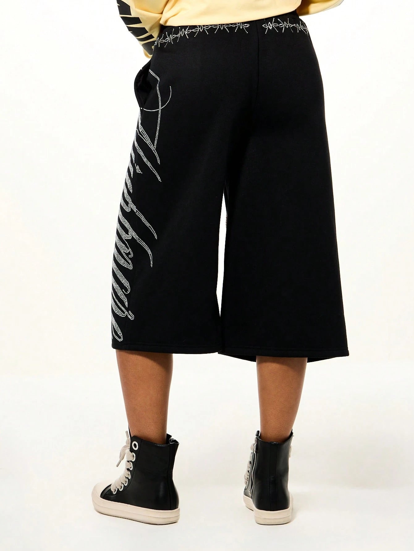 SUMWON WOMEN Rhinestone Script Drawstring Bermuda Length Wide Leg Casual Shorts With Embellished Waistband Detail