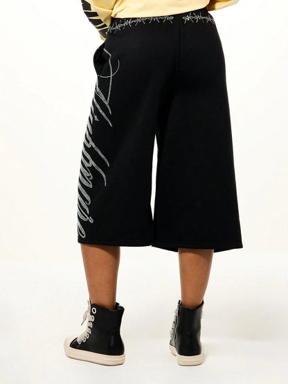 SUMWON WOMEN Rhinestone Script Drawstring Bermuda Length Wide Leg Casual Shorts With Embellished Waistband Detail