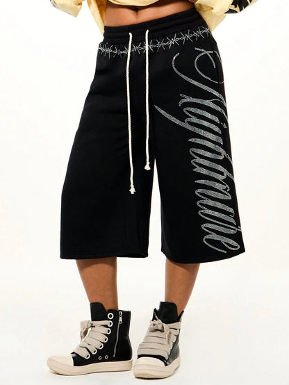SUMWON WOMEN Rhinestone Script Drawstring Bermuda Length Wide Leg Casual Shorts With Embellished Waistband Detail