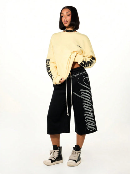 SUMWON WOMEN Rhinestone Script Drawstring Bermuda Length Wide Leg Casual Shorts With Embellished Waistband Detail