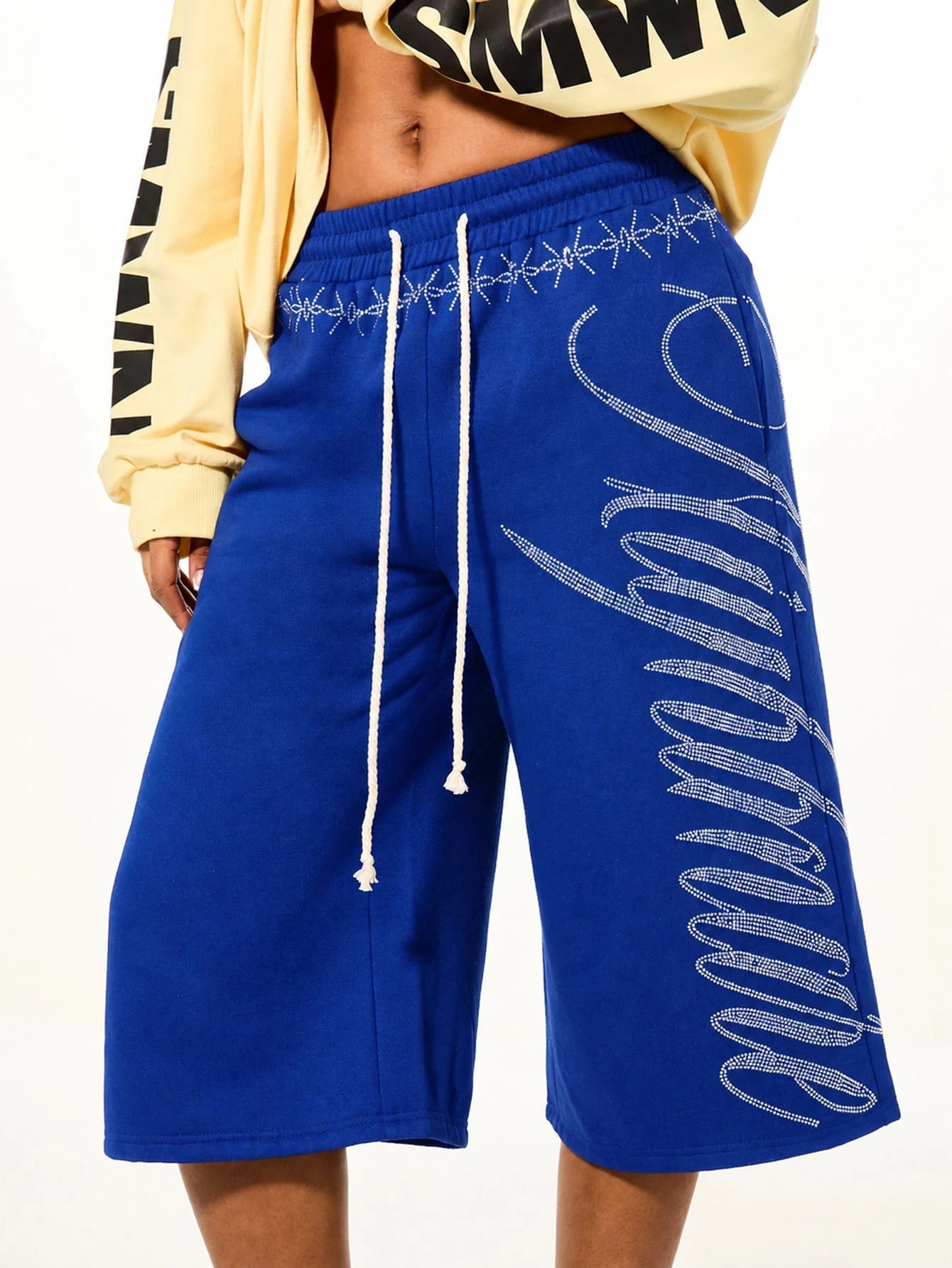 SUMWON WOMEN Rhinestone Script Drawstring Bermuda Length Wide Leg Casual Shorts With Embellished Waistband Detail