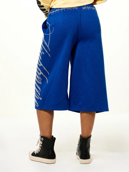 SUMWON WOMEN Rhinestone Script Drawstring Bermuda Length Wide Leg Casual Shorts With Embellished Waistband Detail