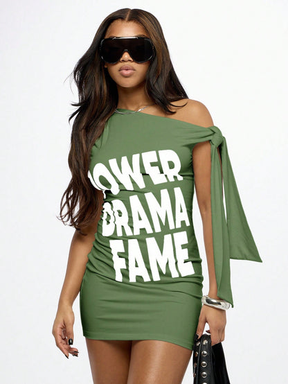 SUMWON WOMEN Slouchy Off Shoulder Graphic Print T-Shirt Mini Dress Statement Text Party Club Casual Urban Street Style Fashion Dance Night Out Drama Queen
