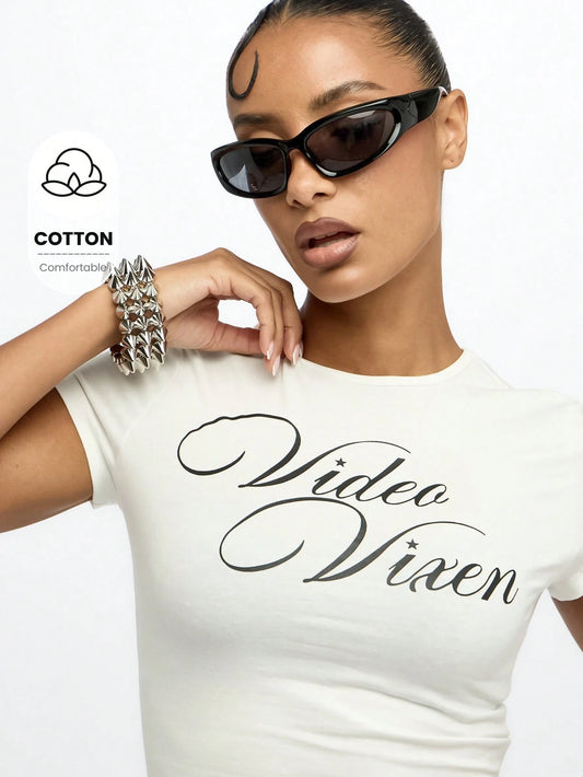 SUMWON WOMEN Video Vixen Crop Top Baby Tee Festival Y2K Aesthetic Casual Summer Short Sleeve Statement Graphic T-Shirt Streetwear Fashion Basic Fitted Tee