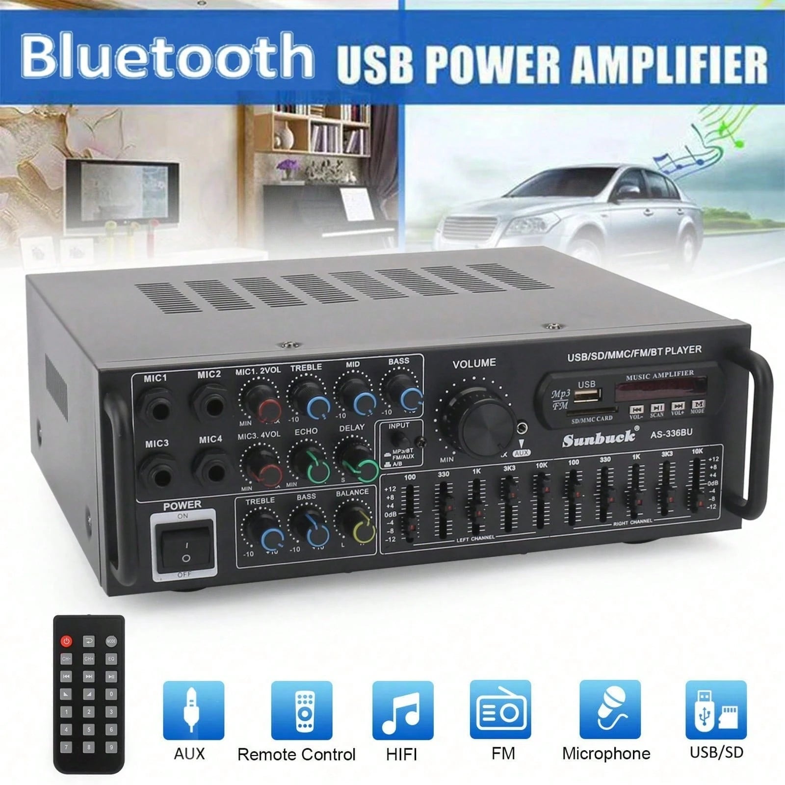 SUNBUCK AS-336BU 2000W Bluetooth 5.0 Power Amplifier Home Karaoke Stereo Receiver With FM Radio, USB/SD, 5-Band EQ & Remote