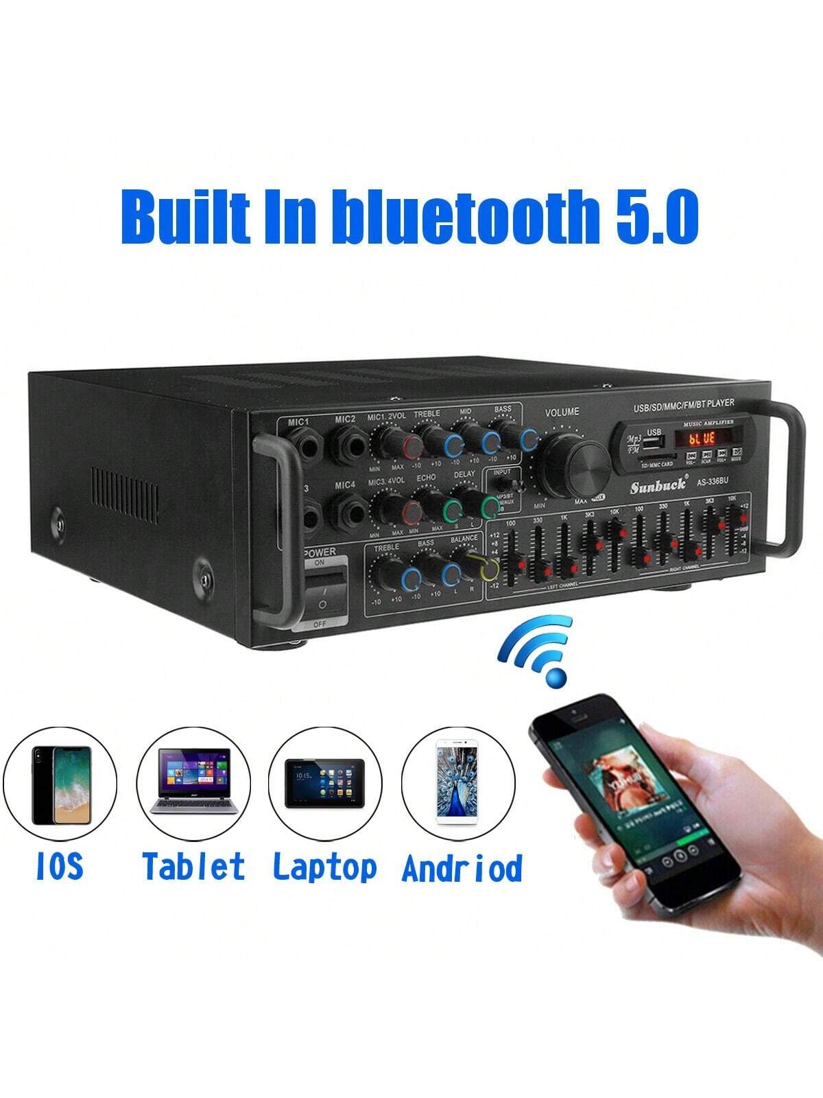 SUNBUCK AS-336BU 2000W Bluetooth 5.0 Power Amplifier Home Karaoke Stereo Receiver With FM Radio, USB/SD, 5-Band EQ & Remote