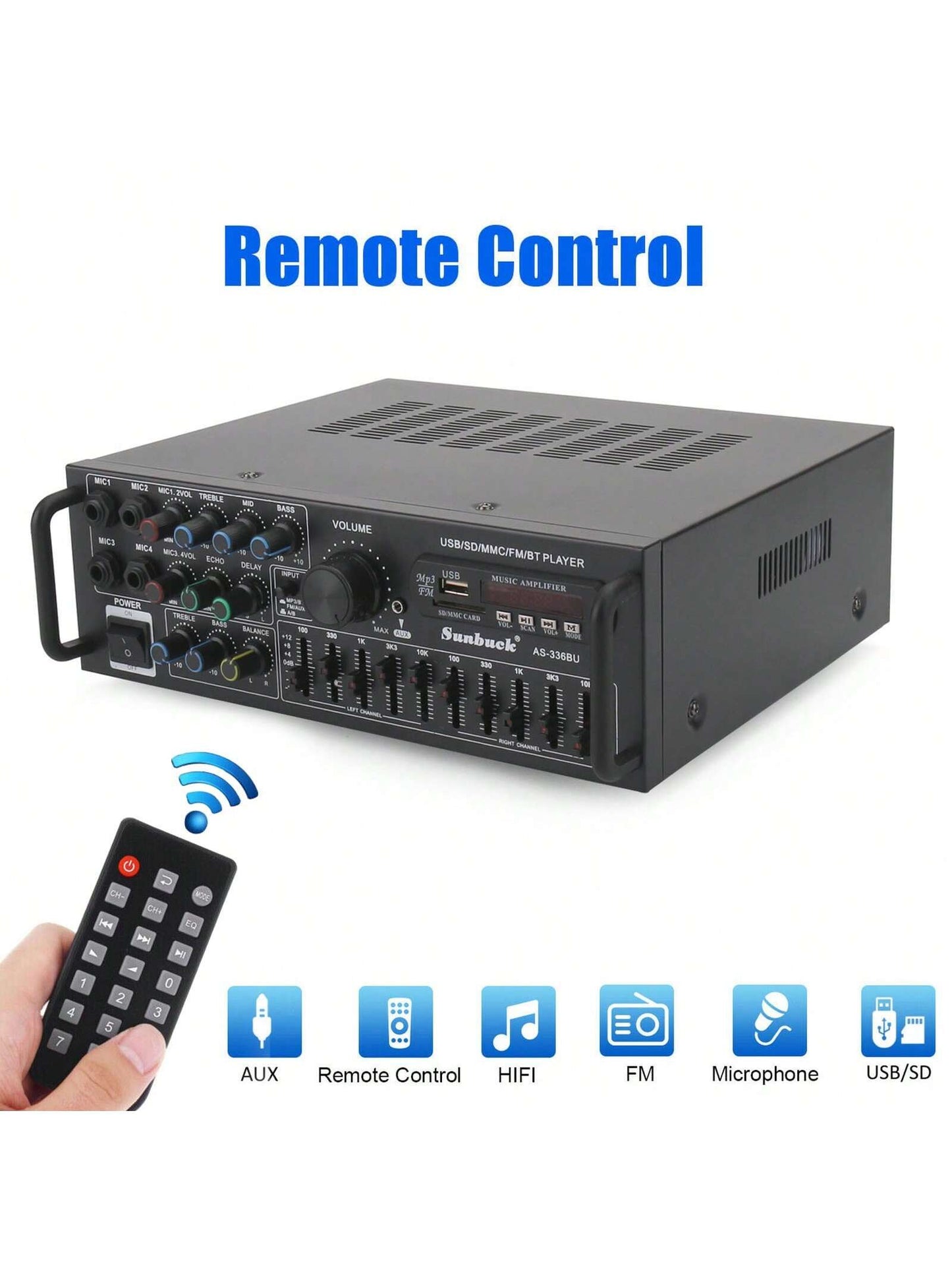 SUNBUCK AS-336BU 2000W Bluetooth 5.0 Power Amplifier Home Karaoke Stereo Receiver With FM Radio, USB/SD, 5-Band EQ & Remote