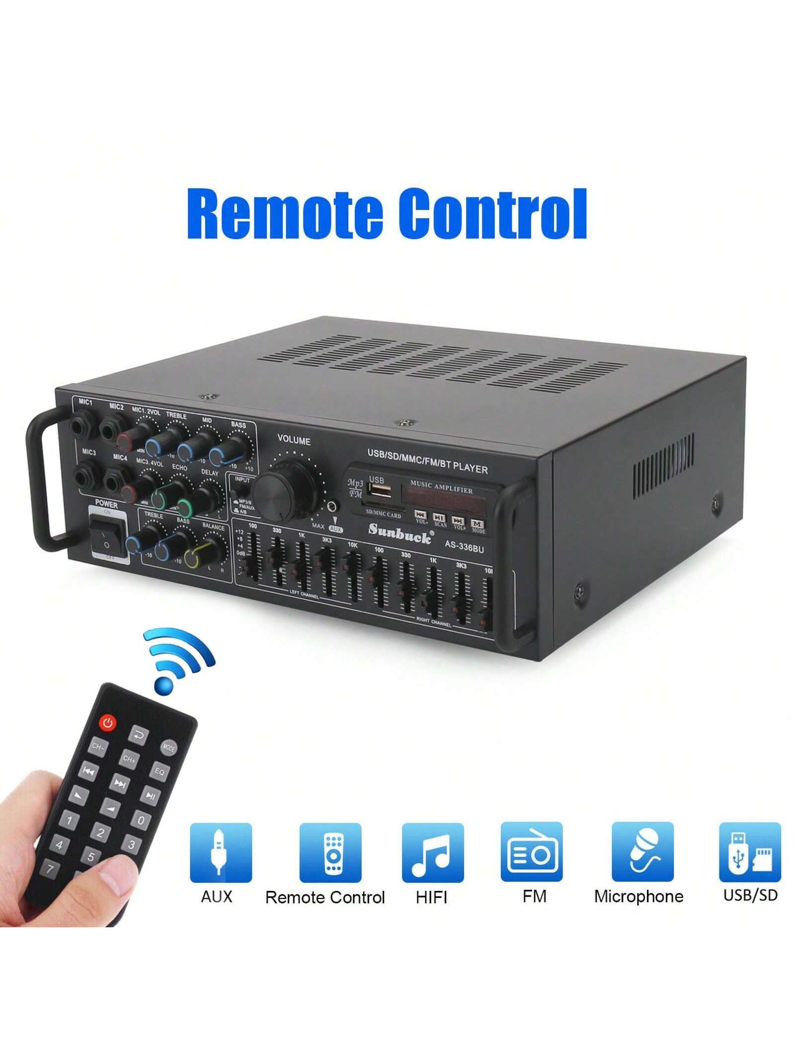 SUNBUCK AS-336BU 2000W Bluetooth 5.0 Power Amplifier Home Karaoke Stereo Receiver With FM Radio, USB/SD, 5-Band EQ & Remote