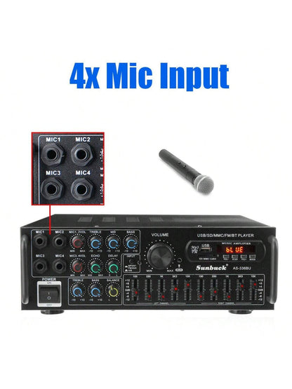 SUNBUCK AS-336BU 2000W Bluetooth 5.0 Power Amplifier Home Karaoke Stereo Receiver With FM Radio, USB/SD, 5-Band EQ & Remote