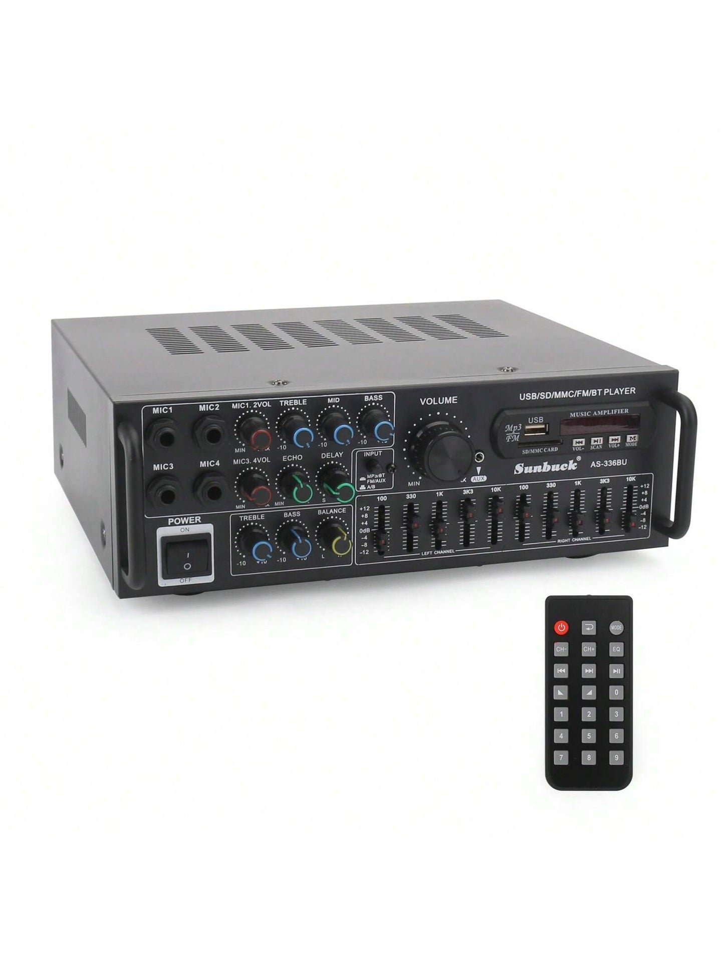 SUNBUCK AS-336BU 2000W Bluetooth 5.0 Power Amplifier Home Karaoke Stereo Receiver With FM Radio, USB/SD, 5-Band EQ & Remote