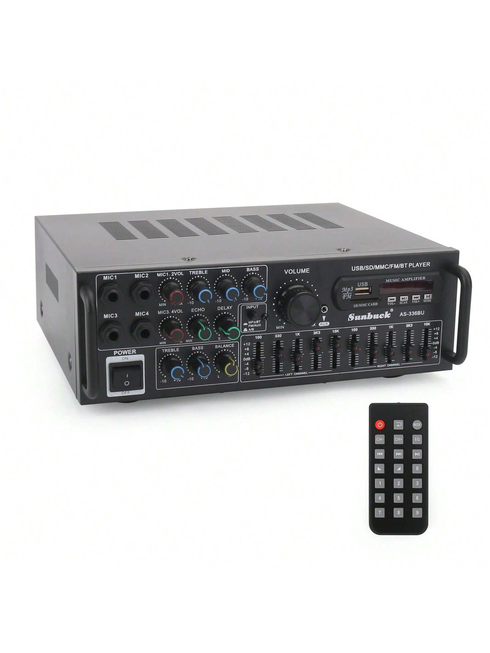 SUNBUCK AS-336BU 2000W Bluetooth 5.0 Power Amplifier Home Karaoke Stereo Receiver With FM Radio, USB/SD, 5-Band EQ & Remote