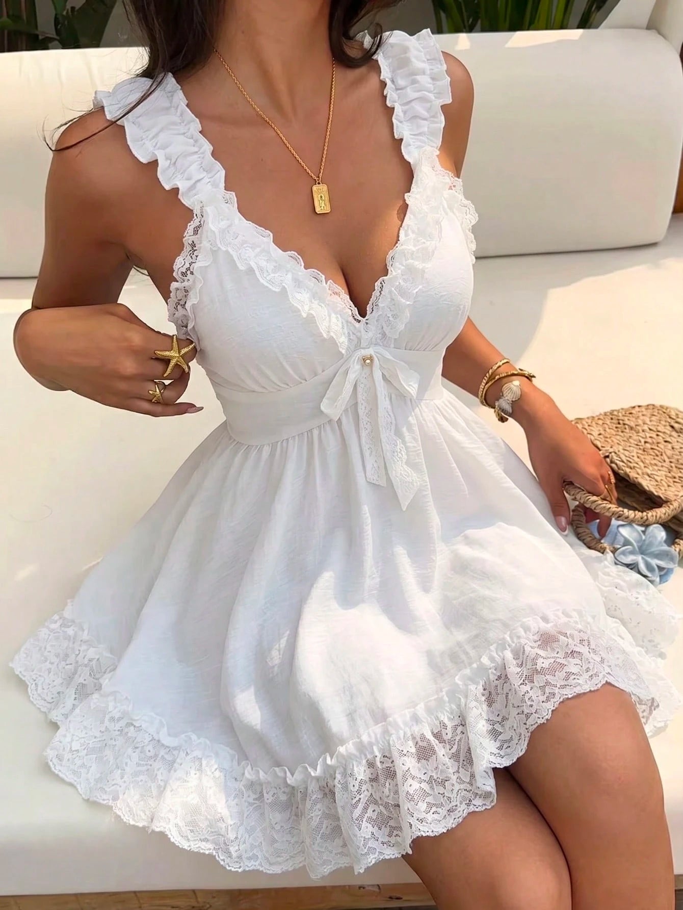 Sunnyshic Bow Tie & Lace Trim Patchwork Mini White Dress White Sundresses For Women Pin For Dress High Quality Dress Lily Dress Retro Dresses For Woman