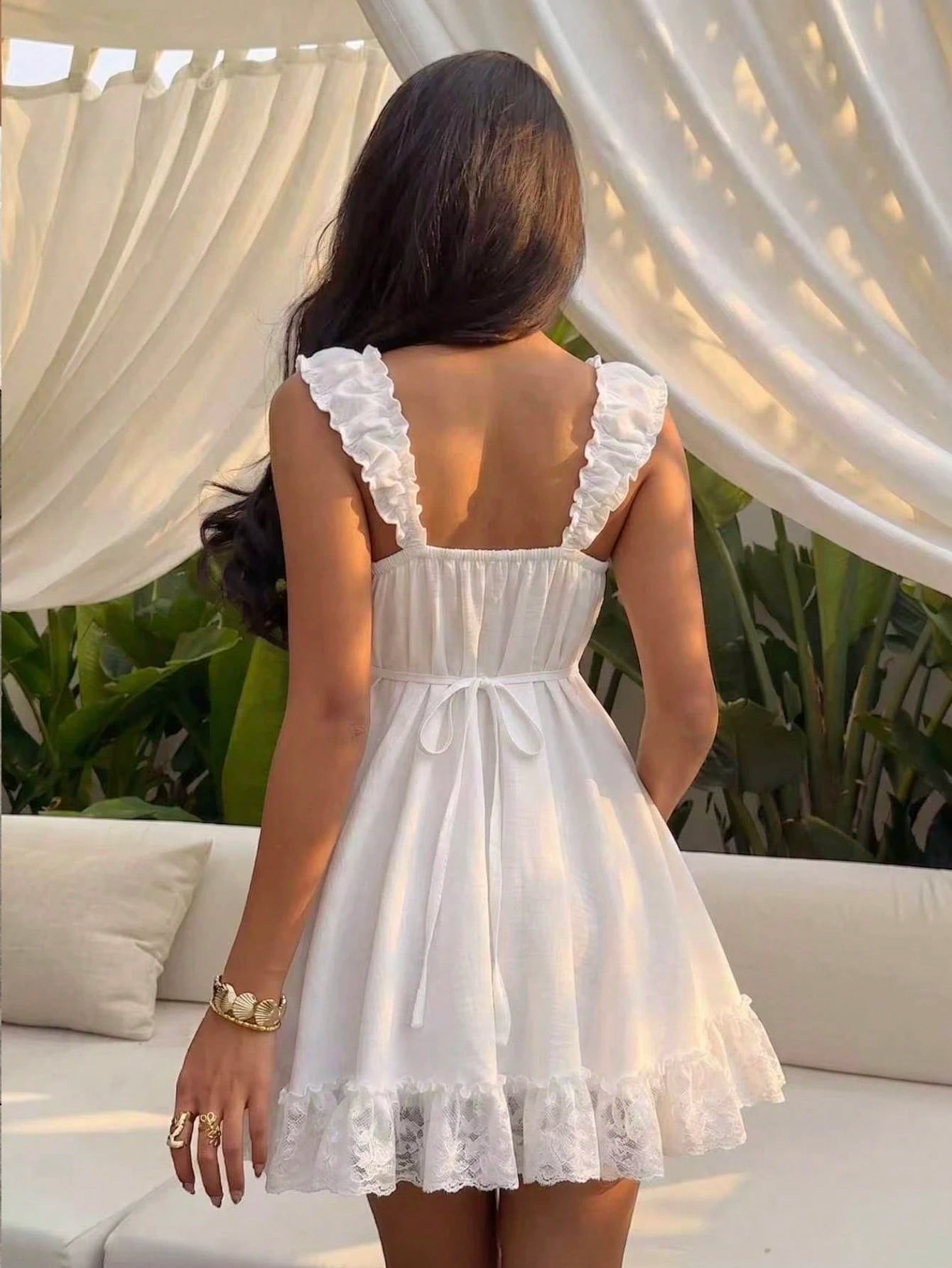 Sunnyshic Bow Tie & Lace Trim Patchwork Mini White Dress White Sundresses For Women Pin For Dress High Quality Dress Lily Dress Retro Dresses For Woman