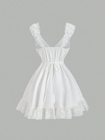 Sunnyshic Bow Tie & Lace Trim Patchwork Mini White Dress White Sundresses For Women Pin For Dress High Quality Dress Lily Dress Retro Dresses For Woman