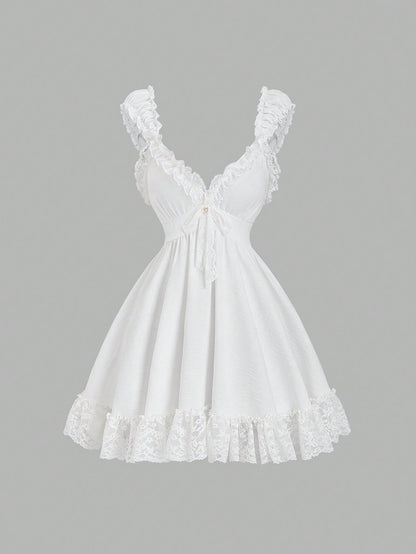 Sunnyshic Bow Tie & Lace Trim Patchwork Mini White Dress White Sundresses For Women Pin For Dress High Quality Dress Lily Dress Retro Dresses For Woman
