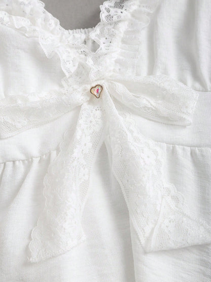 Sunnyshic Bow Tie & Lace Trim Patchwork Mini White Dress White Sundresses For Women Pin For Dress High Quality Dress Lily Dress Retro Dresses For Woman