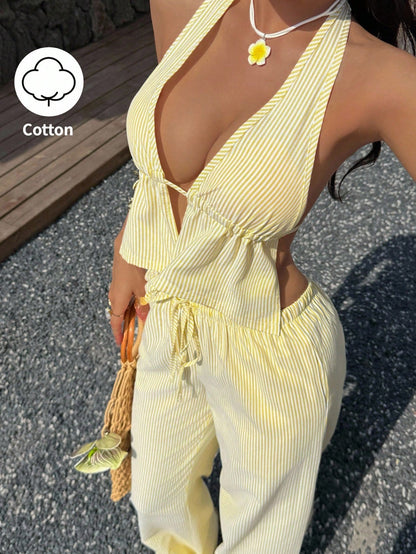 Sunnyshic Petite White And Yellow Striped V-Neck Halter Backless Crop Top And Low Waist Drawstring Wide Leg Pants Two Pieces Set,Summer Casual Holiday Vacation,Petite Women