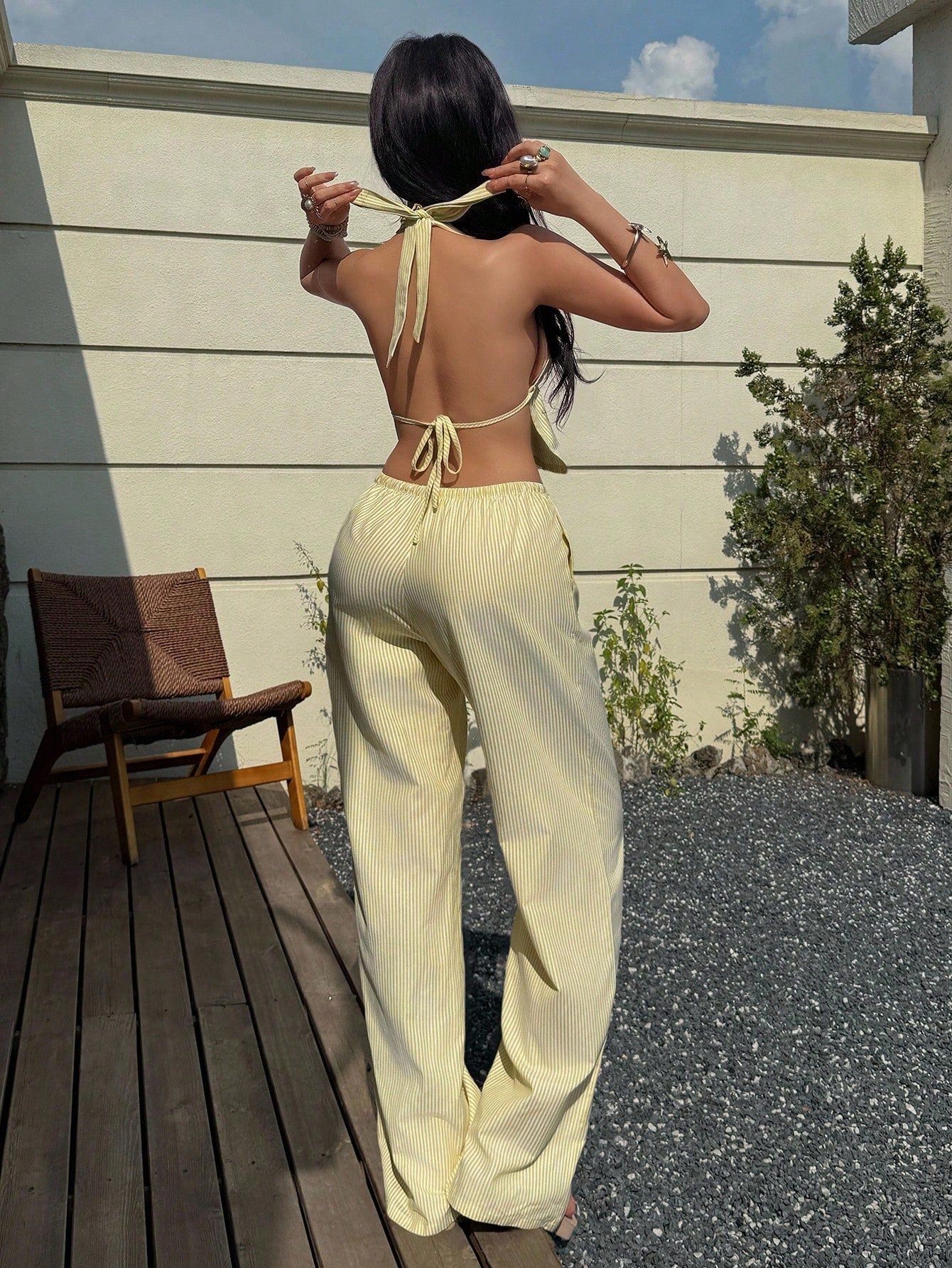 Sunnyshic Petite White And Yellow Striped V-Neck Halter Backless Crop Top And Low Waist Drawstring Wide Leg Pants Two Pieces Set,Summer Casual Holiday Vacation,Petite Women