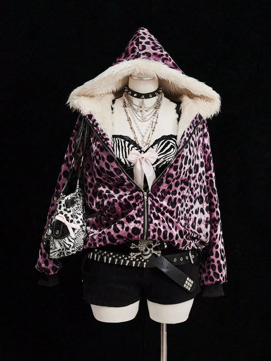 Sunspun Fashionable Leopard Print Velvet Hooded Faux Fur Lined Zip-Up Jacket Fall Winter