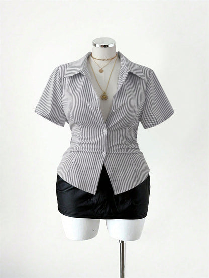 Sunspun Plus Size Women Striped Waist Casual Shirt
